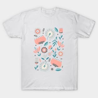 Folk art Florals in Gray + Coral Pink T-Shirt